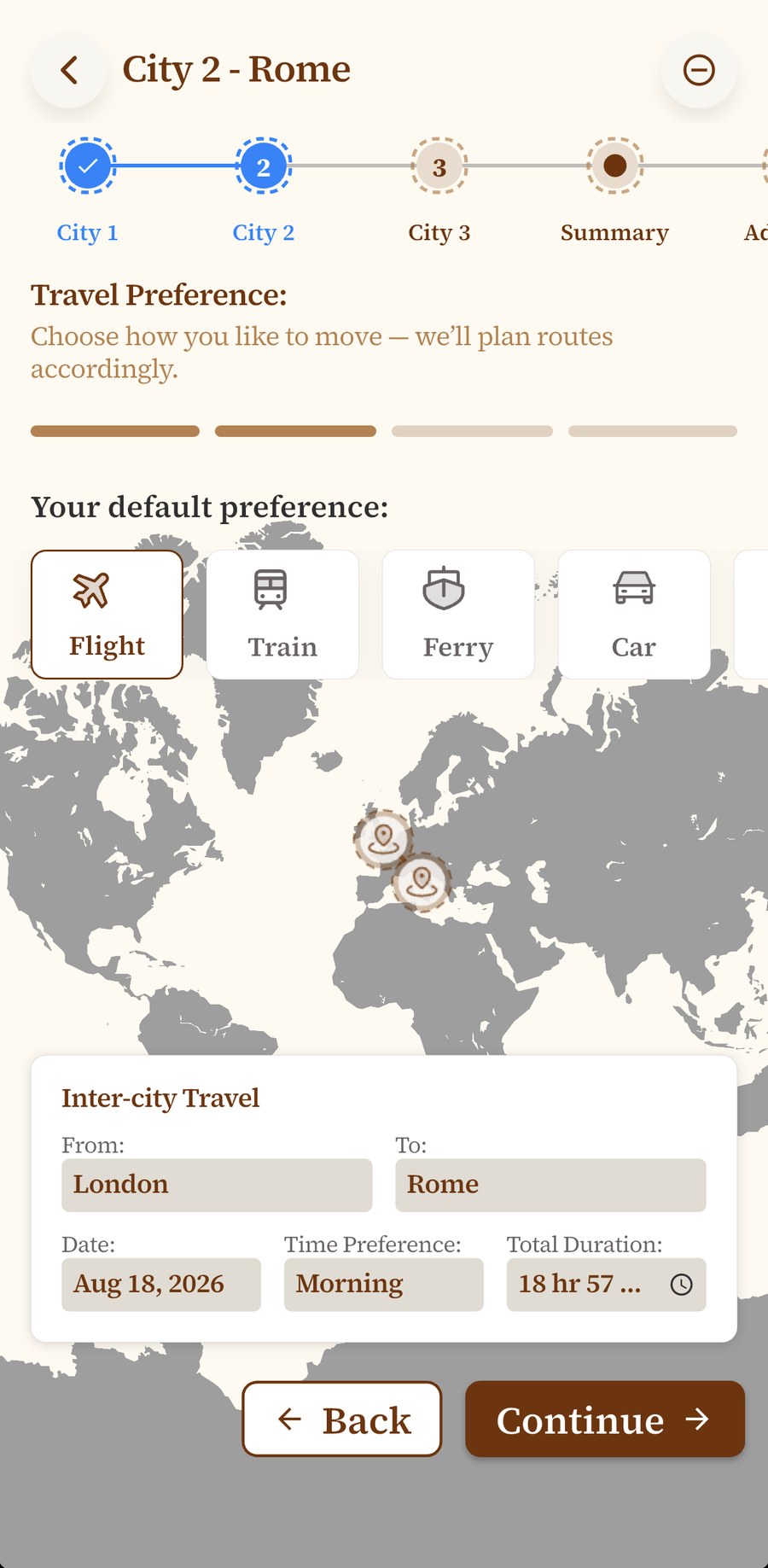 Multi-city trip planning with inter-city travel preferences